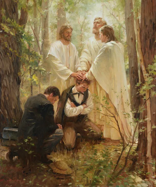 Peter, James, and John lay their hands on Joseph Smith’s head to restore the Melchizedek Priesthood