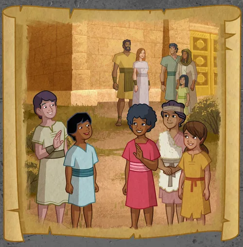 A group of children coming together in unity.