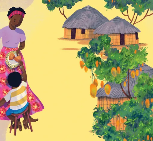 Illustrations représentant des manguiers, des maisons au toit de chaume et une femme donnant à manger à un jeune garçon
