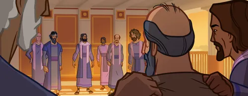 Stephen talking to the high priest and other leaders.