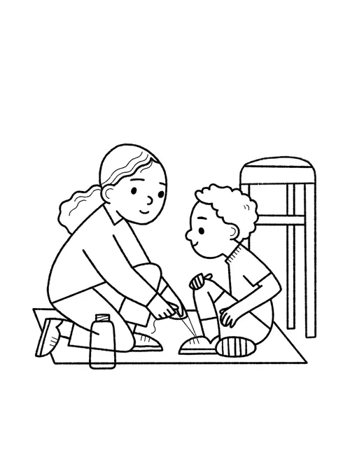 Coloriage représentant une fillette aidant un garçon à lacer ses chaussures