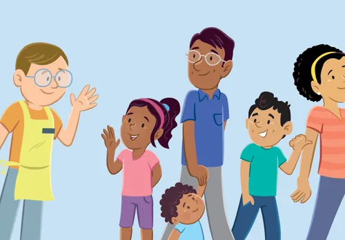 Family leaving shelter and waving goodbye to worker