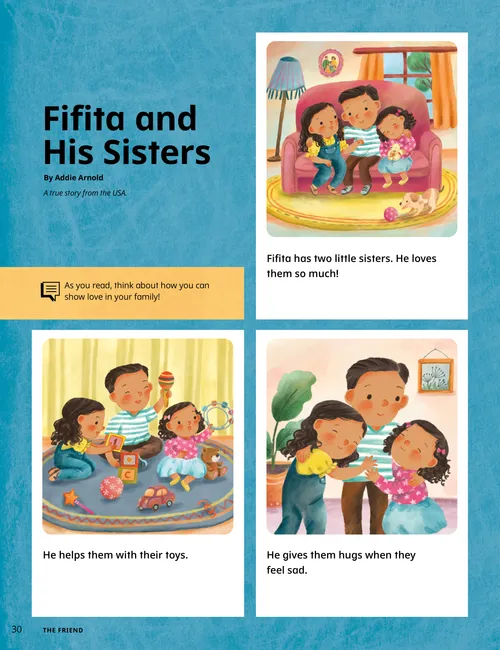 Page PDF with illustrations of a boy playing with his sisters and being kind to them