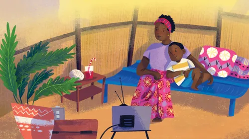 Illustration d’une femme et d’un garçon assis ensemble devant la télévision