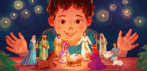 A child looking at a Nativity set