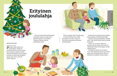 PDF-sivu, jonka piirroksissa tyttö katsoo lahjoja joulukuusen alla, tyttö ja hänen vanhempansa työskentelevät yhdessä keittiössä sekä tyttö ja hänen vanhempansa istuvat yhdessä katsomassa televisiota