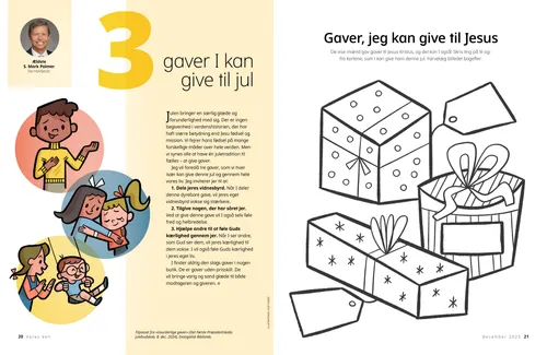 PDF-side med illustrationer af børn, der er venlige; plus en aktivitet om at farvelægge julegaver