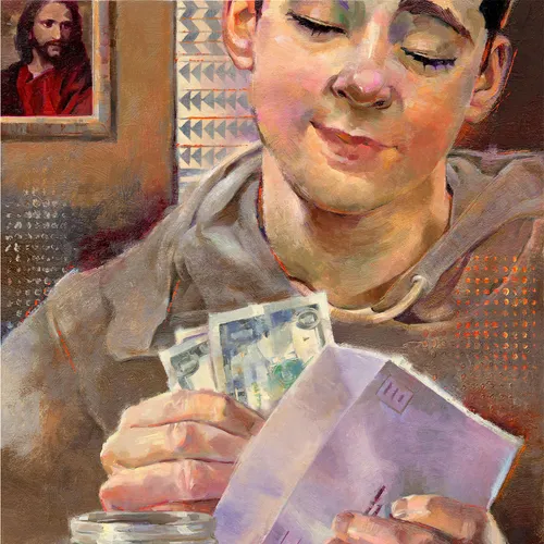 illustration of a person placing tithing in an envelope