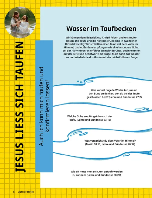 Artikel (PDF) mit einem Ausmalbild von einem Mädchen, das getauft wird
