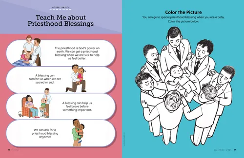 Illustrations of two men giving a sick girl in bed a blessing, a man comforting a crying girl, a man giving a boy a blessing before school, a boy hugging a man; plus a coloring activity of men giving a baby a blessing
