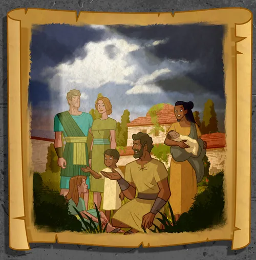 The happy family sharing the gospel with another family.