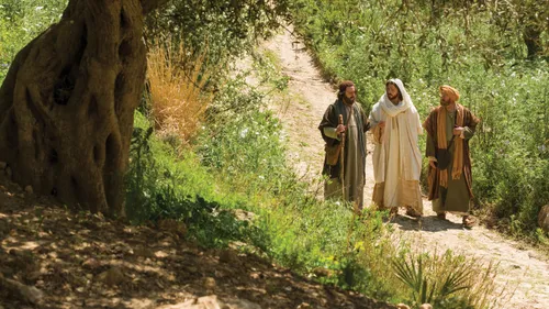 Bible video still of Jesus Christ walking down a dirt road with two disciples