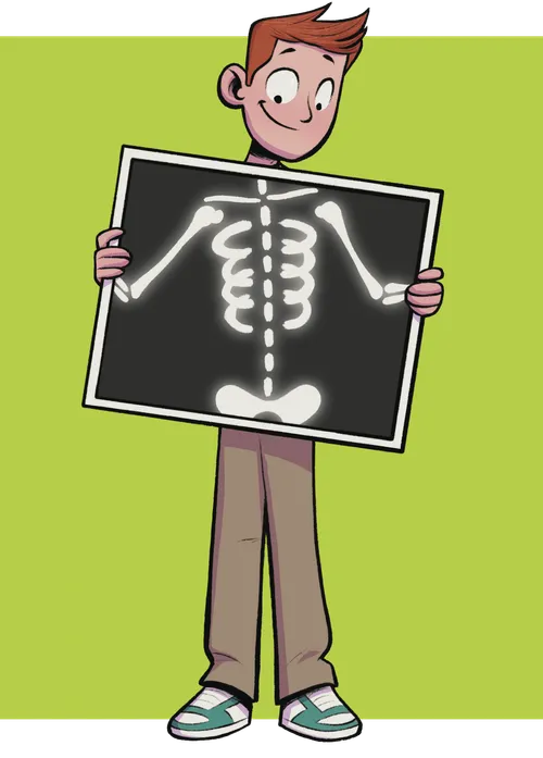 Preteen boy holding an X-ray over his torso so you can see his skeleton
