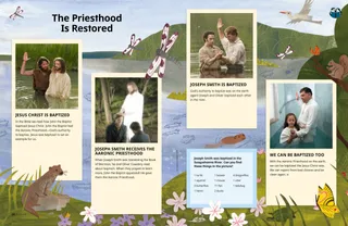 Page PDF with a background of a river with wildlife and overlaid images of Jesus Christ, Joseph Smith, and a modern-day girl being baptized