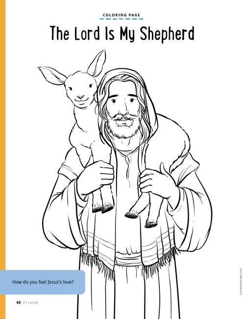Coloring page of Jesus Christ carrying a lamb on His shoulders
