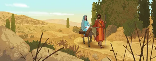 Joseph and Mary traveling to Bethlehem.