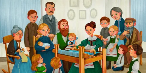 Woman weaving cloth, surrounded by adults and children listening to her