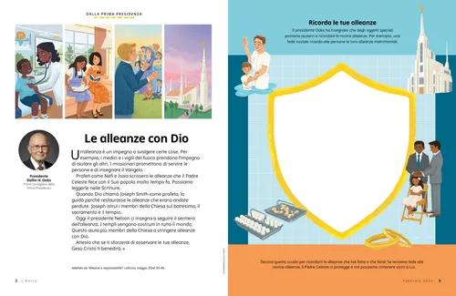 Pagina PDF di un bambino con un medico, sorelle missionarie, Joseph Smith mentre insegna e un tempio; inoltre, attività di disegno su uno scudo