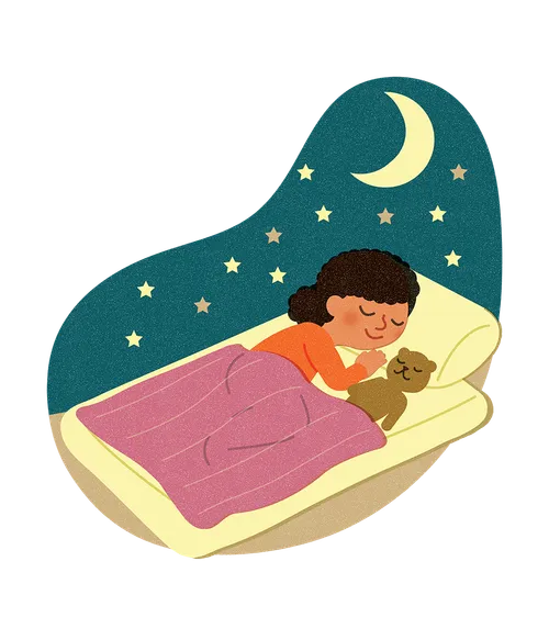 A girl asleep on a sleeping mat, with a teddy bear and moon and stars in the background