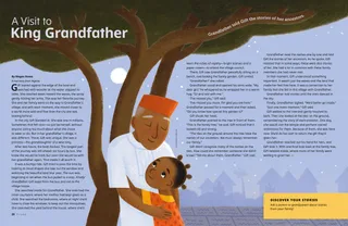 Page PDF with illustration of a girl hugging an older man under a tree, with the moon and stars above