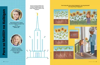 PDF ng Pahina na may aktibidad na dot-to-dot ng templo at mga larawan ng sunflower na tumutubo sa iba’t ibang yugto