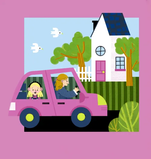 Illustration of girl and mom in a car, driving up to a house