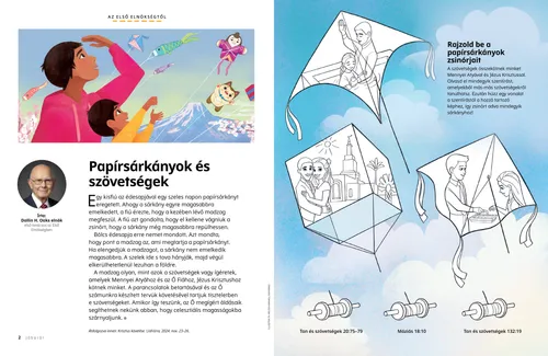 PDF-oldal illusztrációval, amelyen egy férfi és egy fiú levegőben szálló papírsárkányokat néz; valamint egy papírsárkányos színezős tevékenység