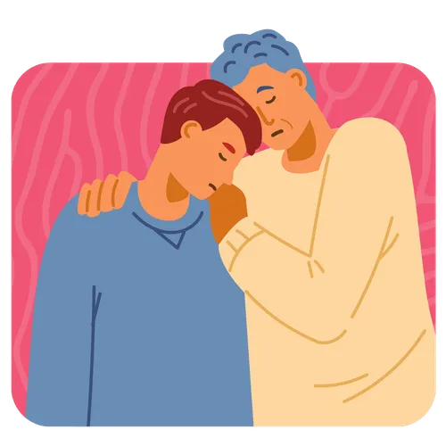 man hugging a young man looking sad