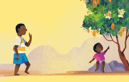 Illustration d’un garçon marchant vers son petit frère, assis sous un manguier