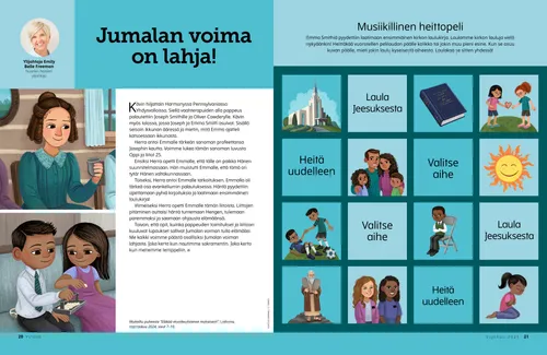 Kuvia, joissa Emma Smith pitelee kuppia, poika ja tyttö nauttivat sakramenttia sekä musiikkiaiheinen heittopeli