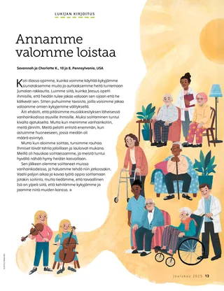PDF-sivu kahdesta siskoksesta, jotka soittavat viulua ja selloa vanhainkodin asukkaille
