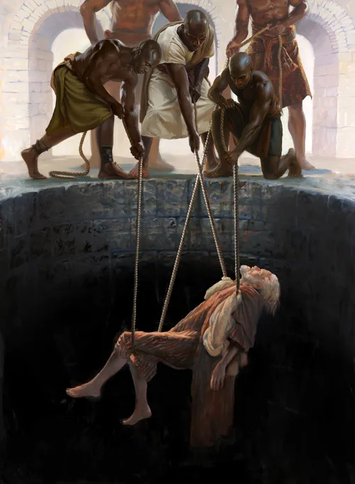 Jeremiah being pulled out of prison with cords