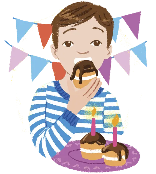 Boy eating chocolate pastries