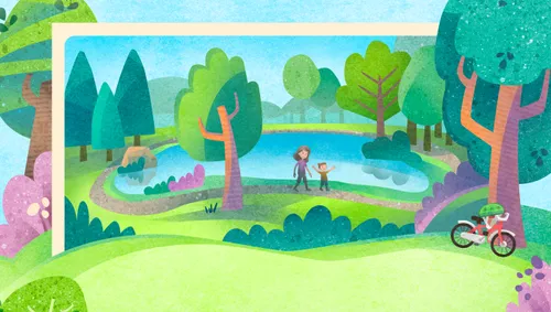 Mom and son walking near a lake and trees