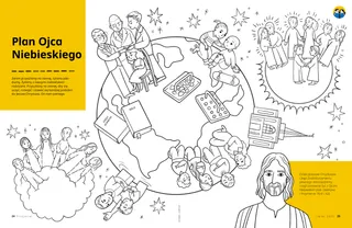 Strona PDF z kolorowanką przedstawiającą elementy planu zbawienia