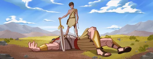 Gravura do jovem Davi de pé sobre o corpo de Golias