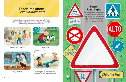 Page PDF with illustrations of a family cleaning a room, a boy feeding a dog, a boy telling a woman about a broken vase, and children at a playground; plus a drawing activity with road signs