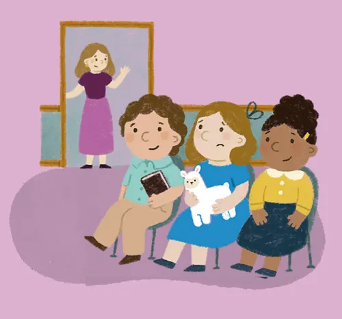 Girl sitting in Primary while Mom waves goodbye from the door