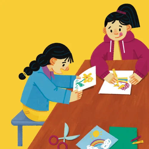 Хоёр охин хамтдаа зурж байгаа нь