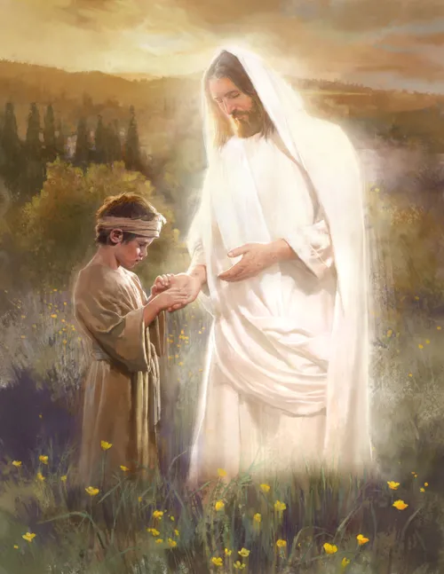 Painting of a boy looking at Jesus Christ’s hands