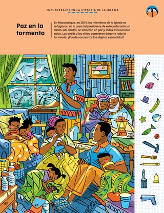Página en PDF de actividad de objetos escondidos que muestra a familias durmiendo en una casa con una tormenta afuera