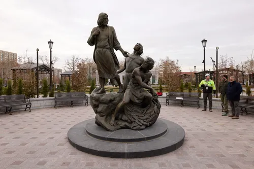 A view of Temple Square while under construction in December 2024. The image features the newly installed Come Follow Me Statue at the northwest quadrant.