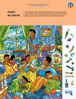 PDF-side med aktivitet med skjulte ting i et billede, der viser familier, der sover i et hus, hvor en storm raser udenfor