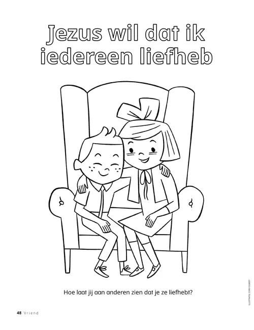 Pdf met een kleurplaat van een meisje en een jongen die in een grote stoel zitten met hun armen om elkaars schouders