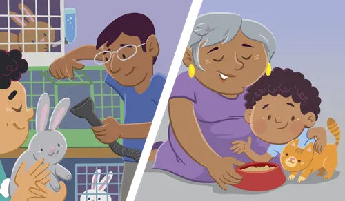 Family cleaning an animal cage and feeding a cat