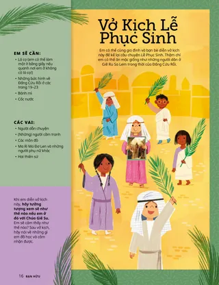 Trang PDF với hình minh họa trẻ em mặc quần áo thời Kinh Thánh và cầm lá cọ