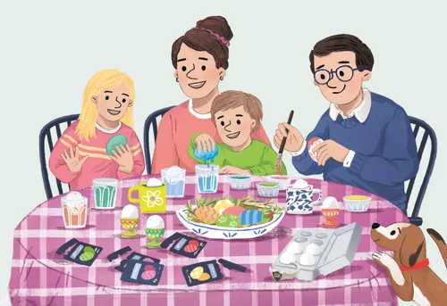 Illustration of family dying eggs together at the kitchen table