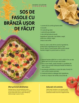 Pagină PDF cu un bol de chipsuri de tortilla, un vas cu sos de fasole și roșii.