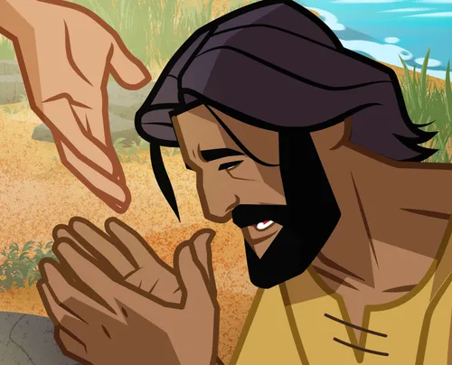 Simon kneeling before Jesus.