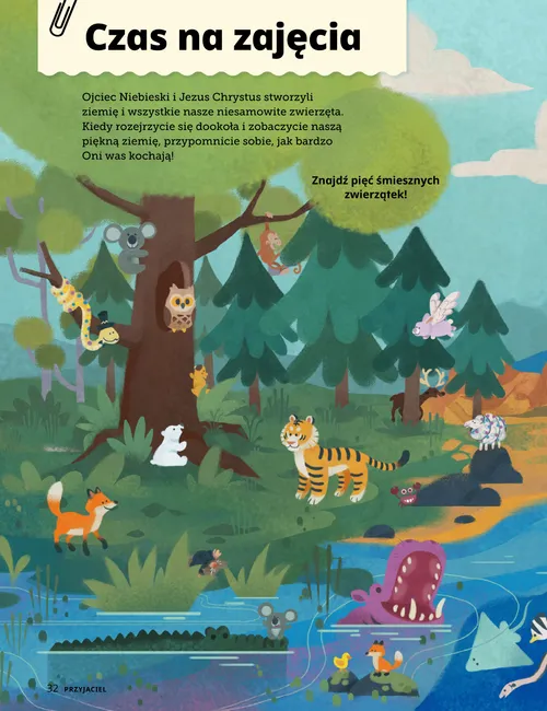 Strona PDF przedstawiająca scenę przyrodniczą z mnóstwem zwierząt